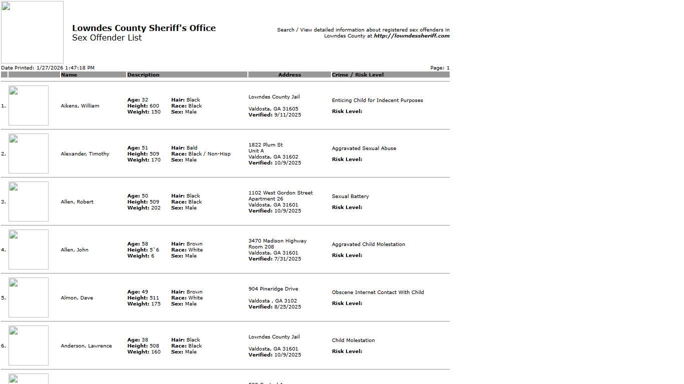 Lowndes County Sheriff's Office Sex Offender List